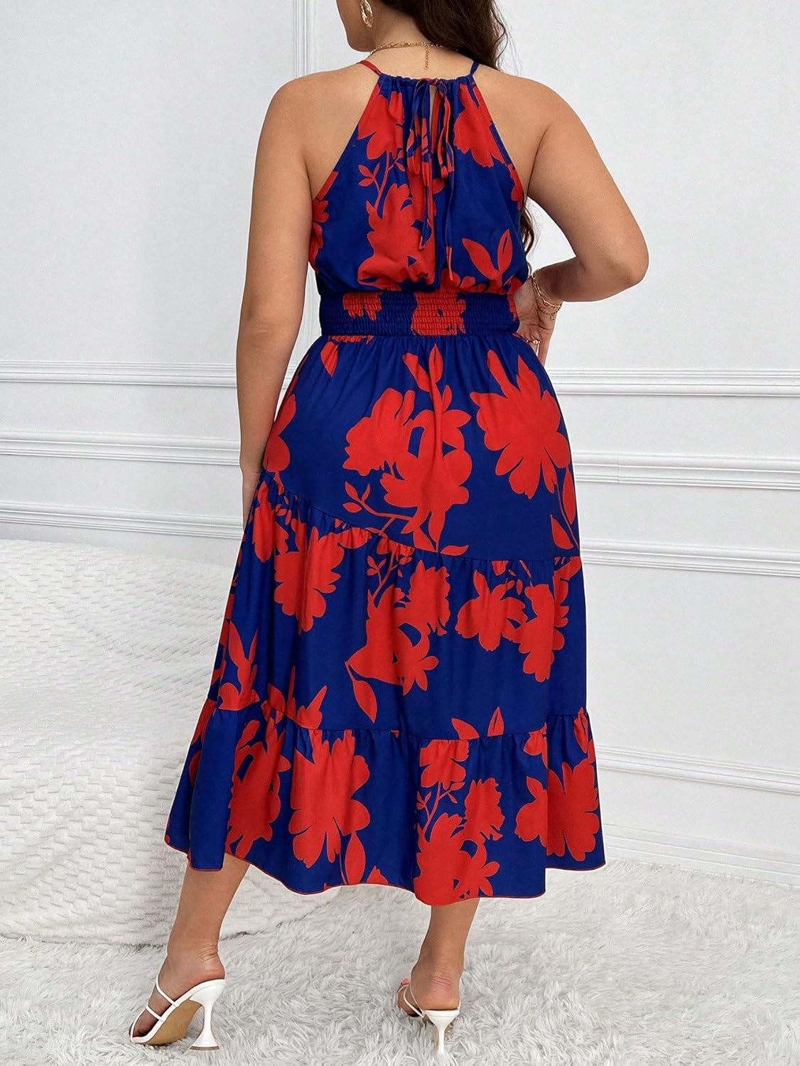 Floerns Women's Plus Size Boho Sleeveless Halter Neck Tie Back A Line Long Dress