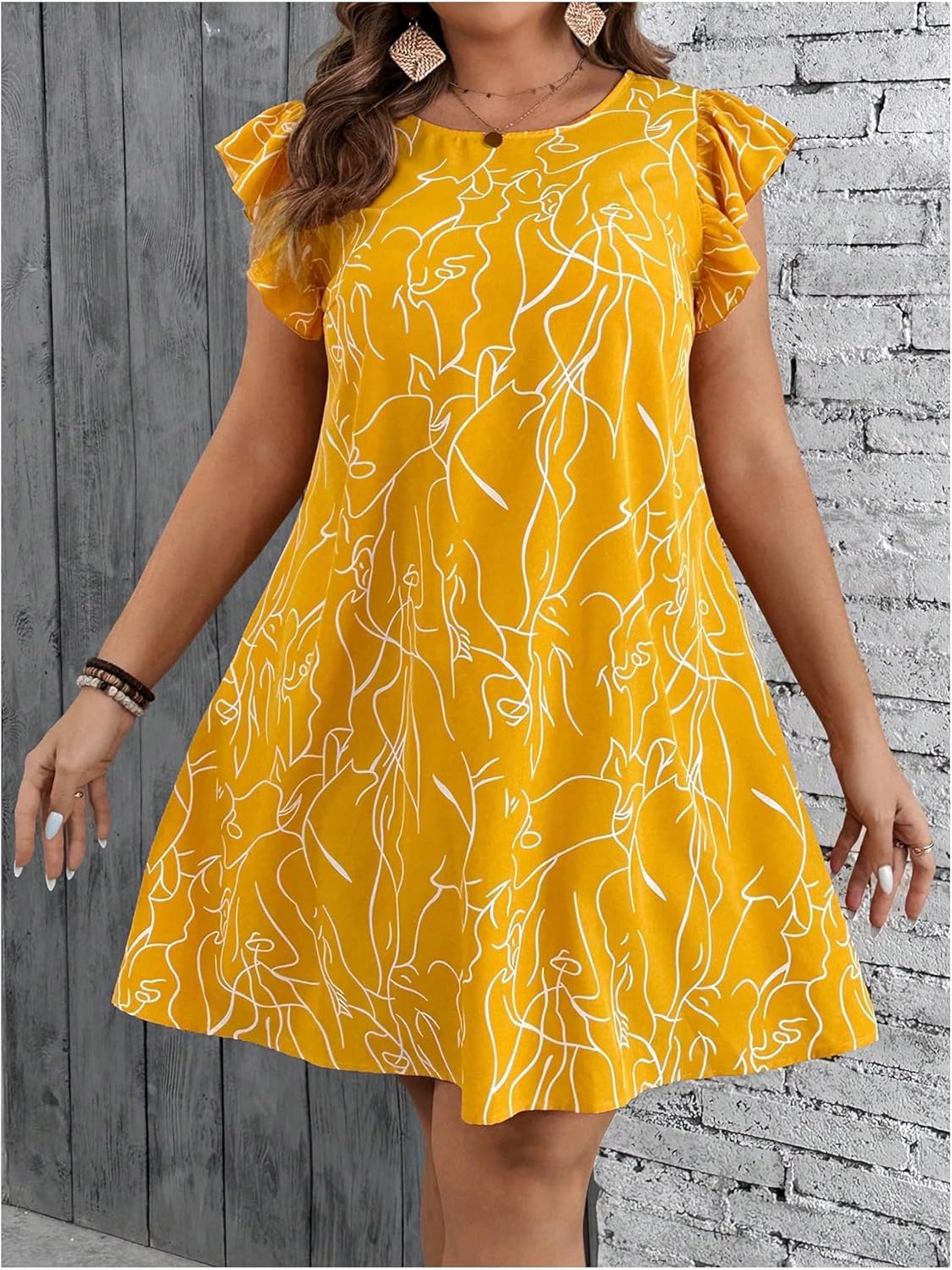 SOLY HUX Women's Plus Size Summer Dress Graphic Print Ruffle Cap Sleeve Loose Short Dresses