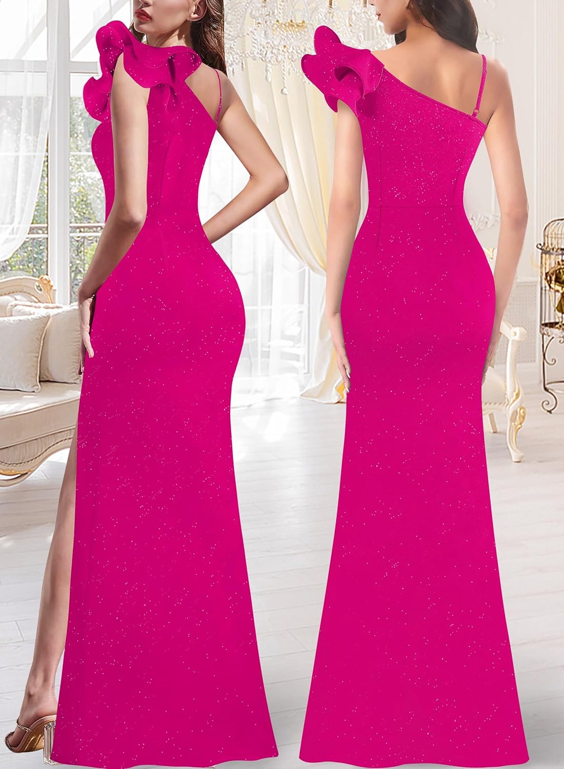 VFSHOW Womens Ruffle One Shoulder Strap Ruched Formal Prom Wedding Maxi Dress V Neck Elegant Split Cocktail Evening Long Gown
