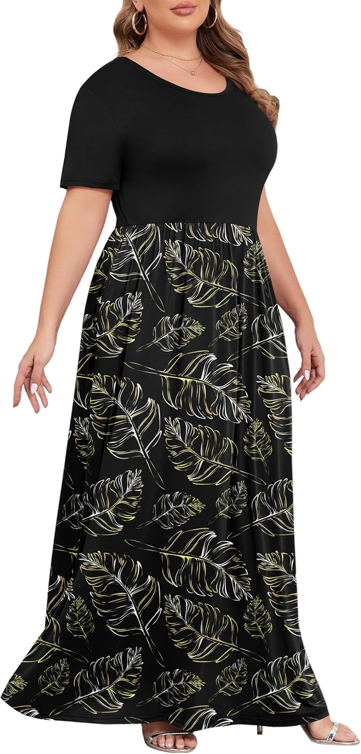 KARALIN Women’s Plus Size Maxi Dresses for Curvy Women Summer Casual Short Sleeve 2025 Long Dress 14W-26W