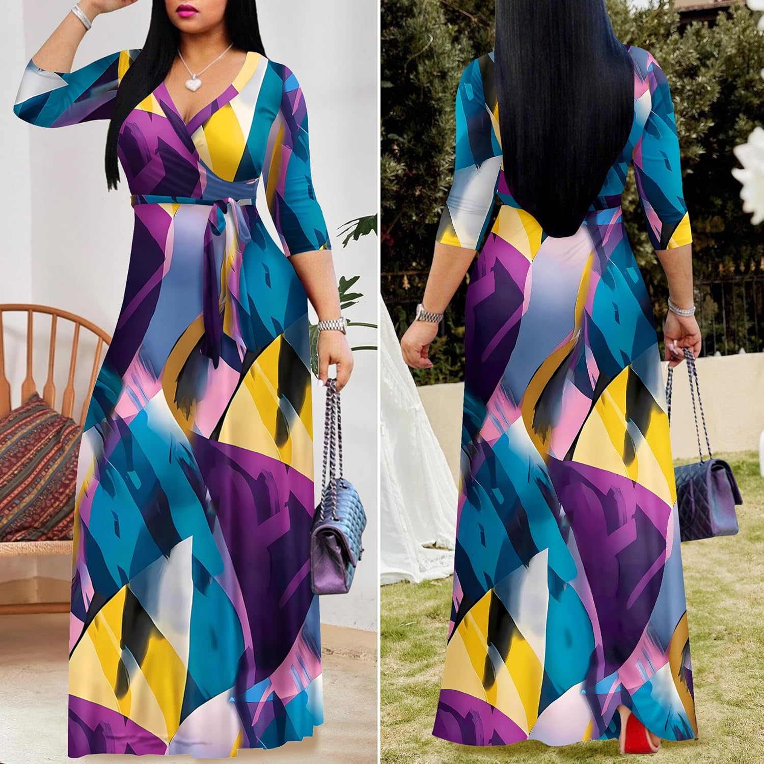 FANDEE Plus Size Maxi Dress for Women Casual Summer Sundress V-Neck 3/4 Sleeve