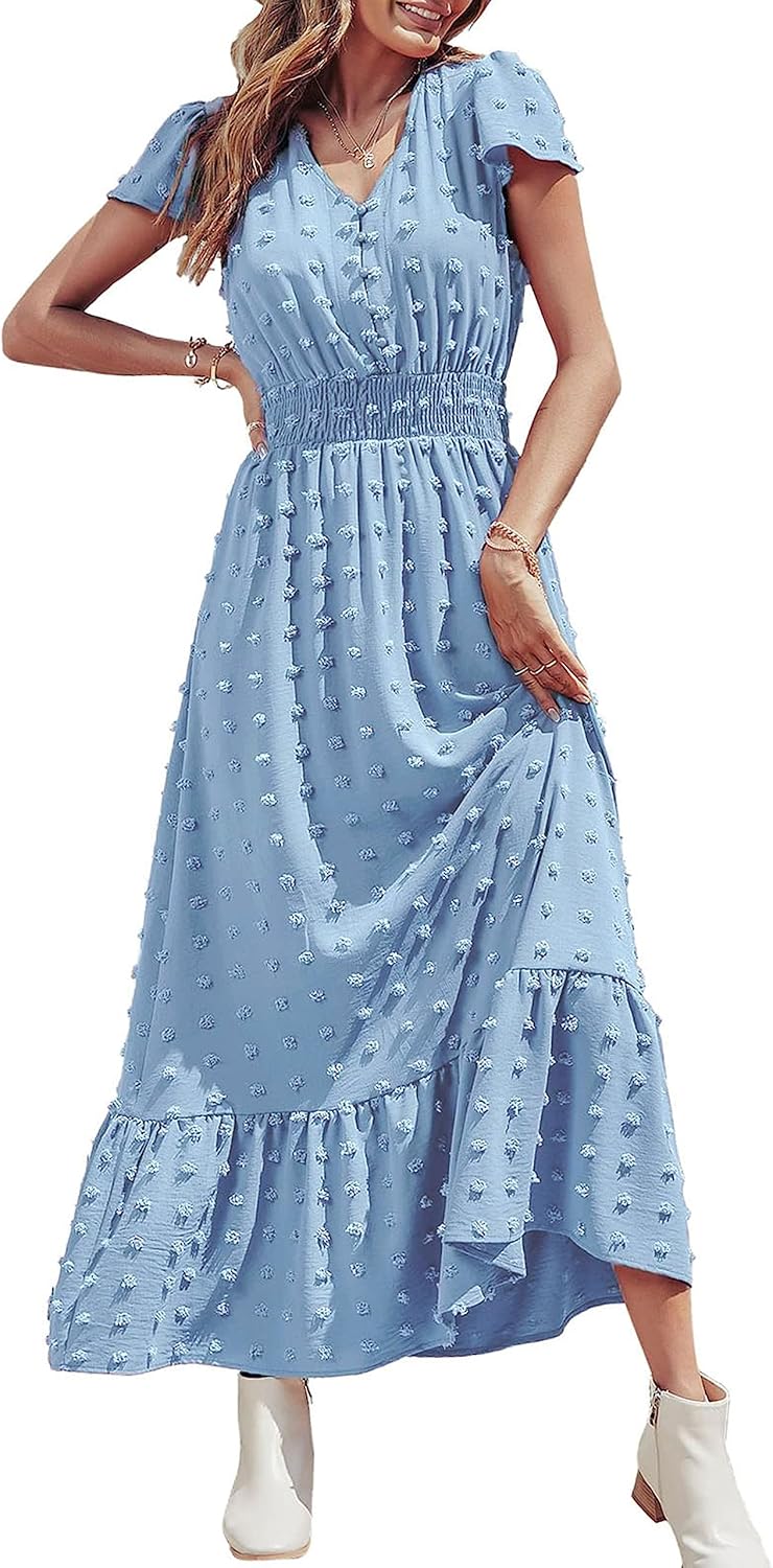 PRETTYGARDEN Womens Dresses 2025 Summer Maxi Dress Boho Short Sleeve V Neck Swiss Dot Ruffle Tiered Smocked Flowy Long Dress