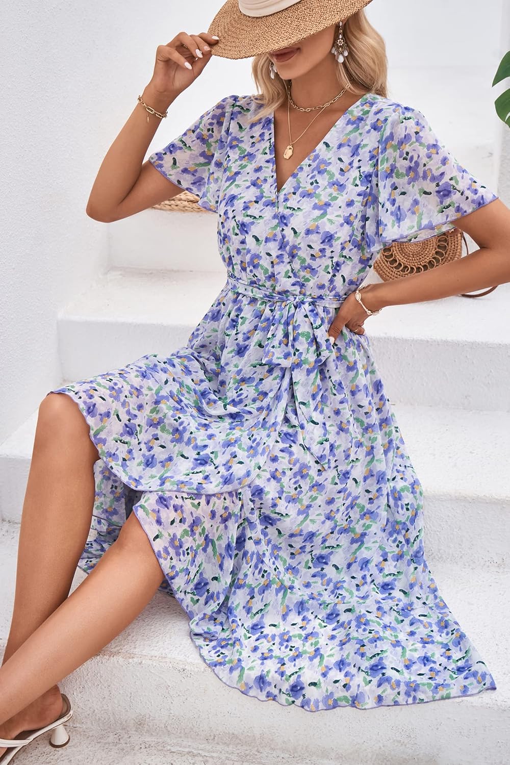 PRETTYGARDEN Women's Summer Floral Boho Dress Wrap V Neck Short Sleeve Ruffle A-Line Flowy Maxi Wedding Guest Dresses