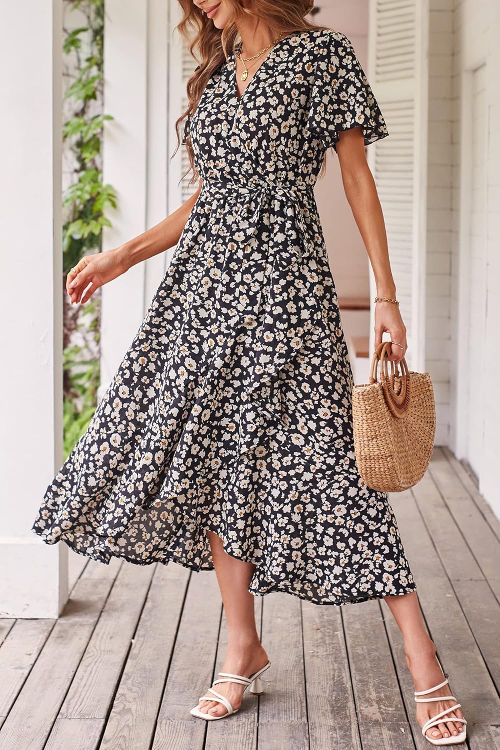 PRETTYGARDEN Women's Summer Floral Boho Dress Wrap V Neck Short Sleeve Ruffle A-Line Flowy Maxi Wedding Guest Dresses
