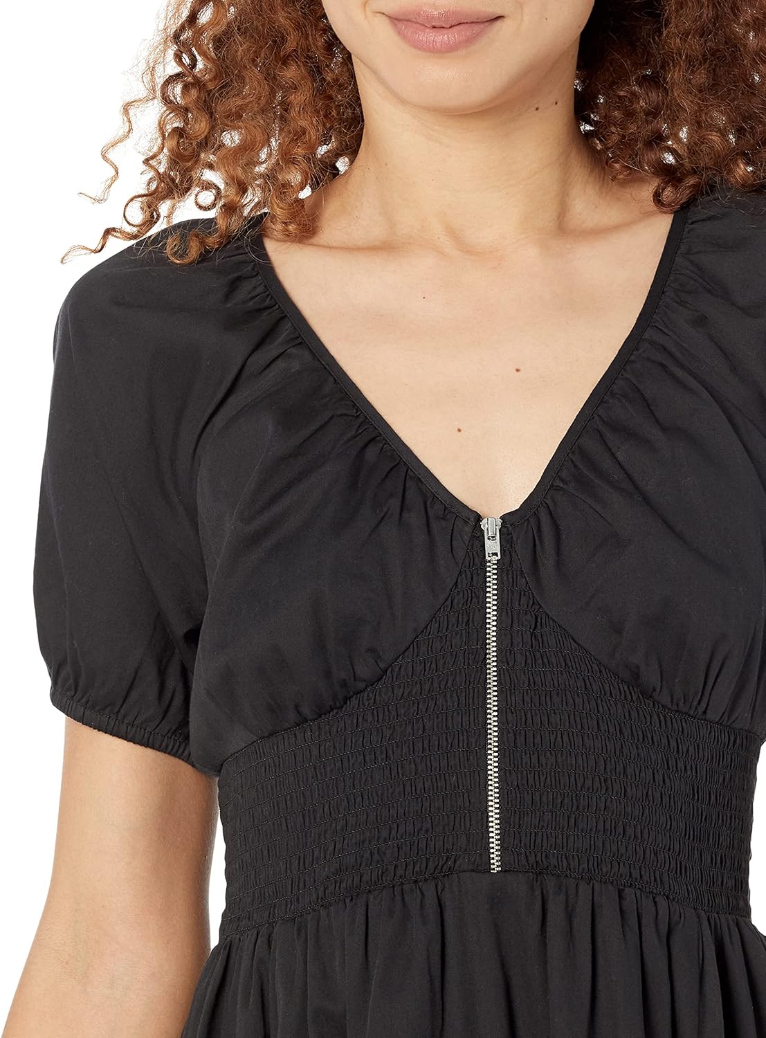The Drop Women's Daksha Cotton Smocked Zipper Detail Dress, Black, XS
