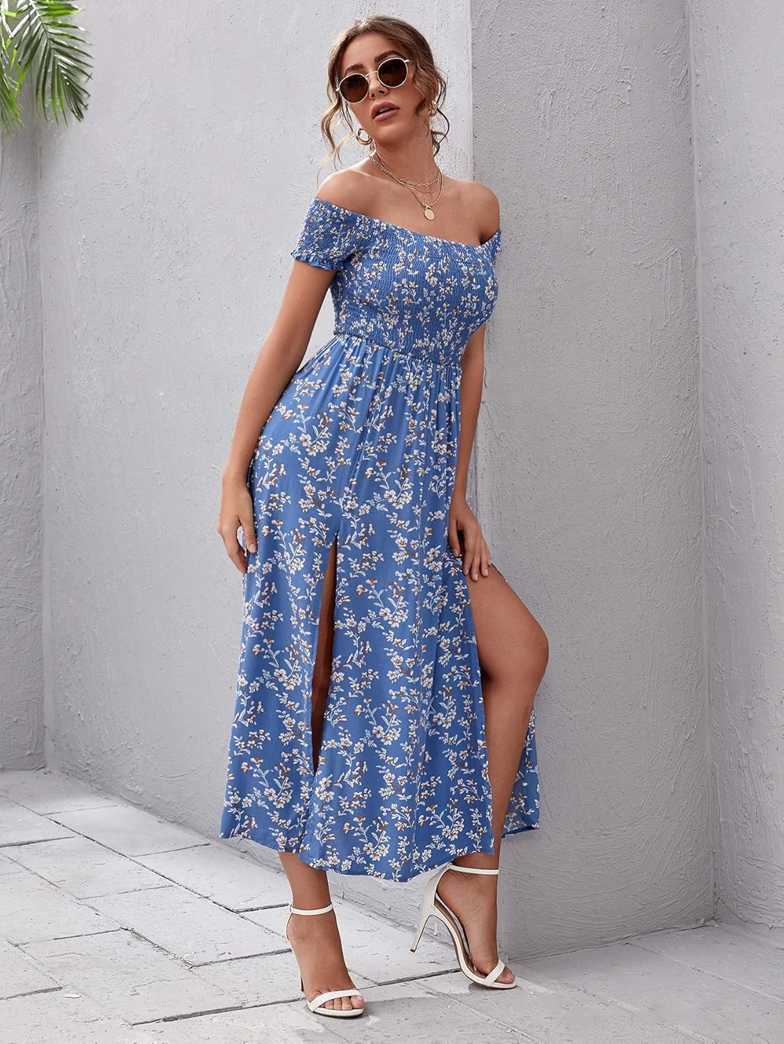 Floerns Women's Boho Floral Print Off Shoulder Split Long A Line Dress