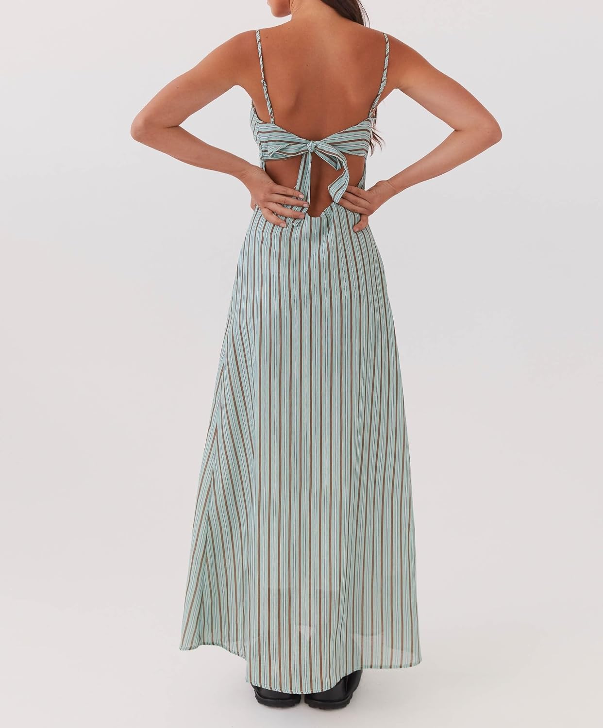 Luckinbaby Women Y2k Spaghetti Strap Maxi Dress V Neck Tie Front Cutout Long Cami Dress Backless Party Wedding Dress