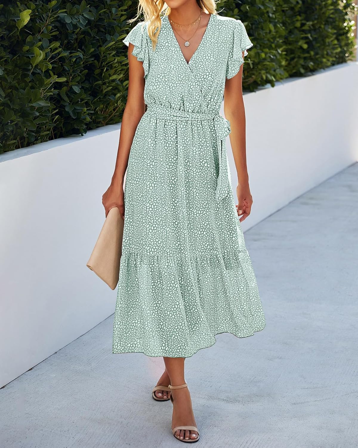 BTFBM Women Summer Bohemian Floral Casual Wrap V Neck Ruffle Cap Sleeveless Belt A-Line Pleated Hem Midi Sun Dress White