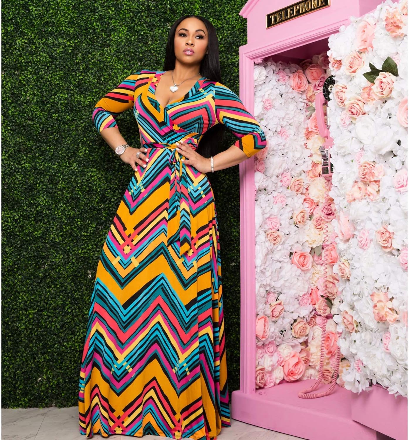 FANDEE Plus Size Maxi Dress for Women Casual Summer Sundress V-Neck 3/4 Sleeve
