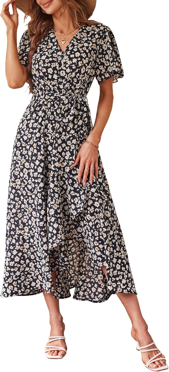 PRETTYGARDEN Women's Summer Floral Boho Dress Wrap V Neck Short Sleeve Ruffle A-Line Flowy Maxi Wedding Guest Dresses