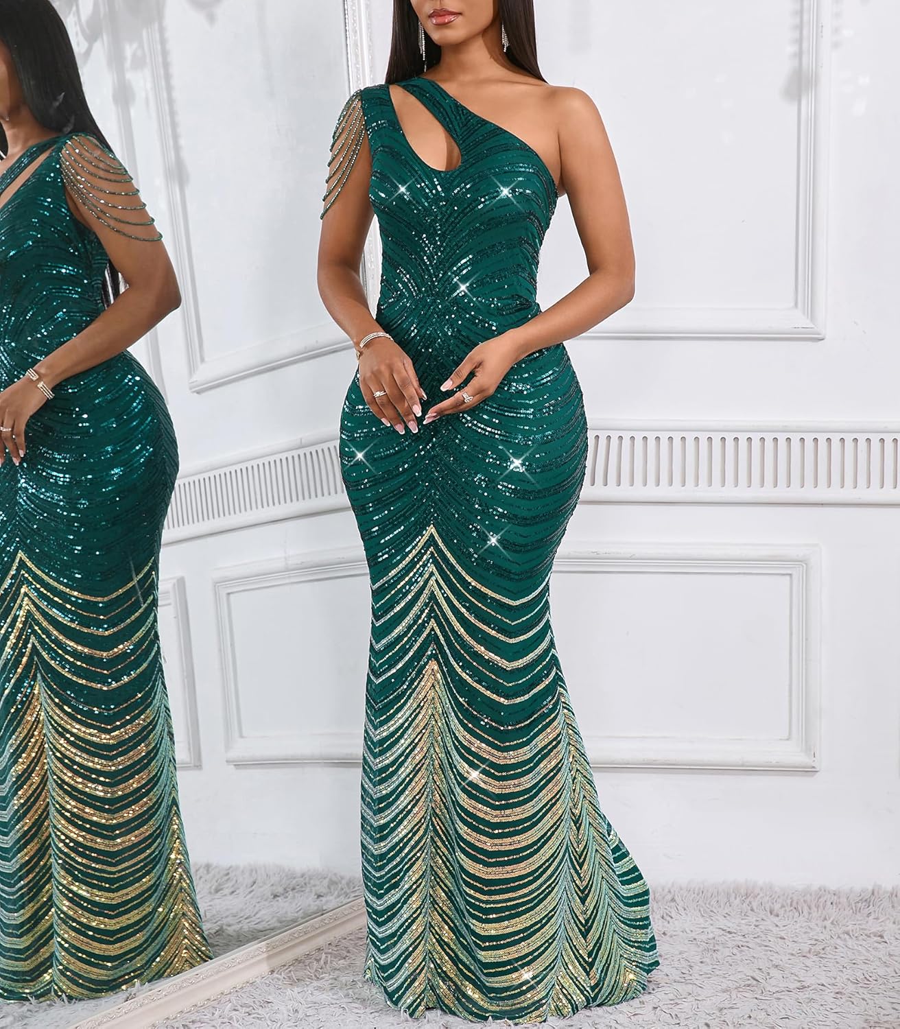 Cololura Women Sequin Elegant Sexy One Shoulder Tassel Mermaid Bodycon Cocktail Evening Dress