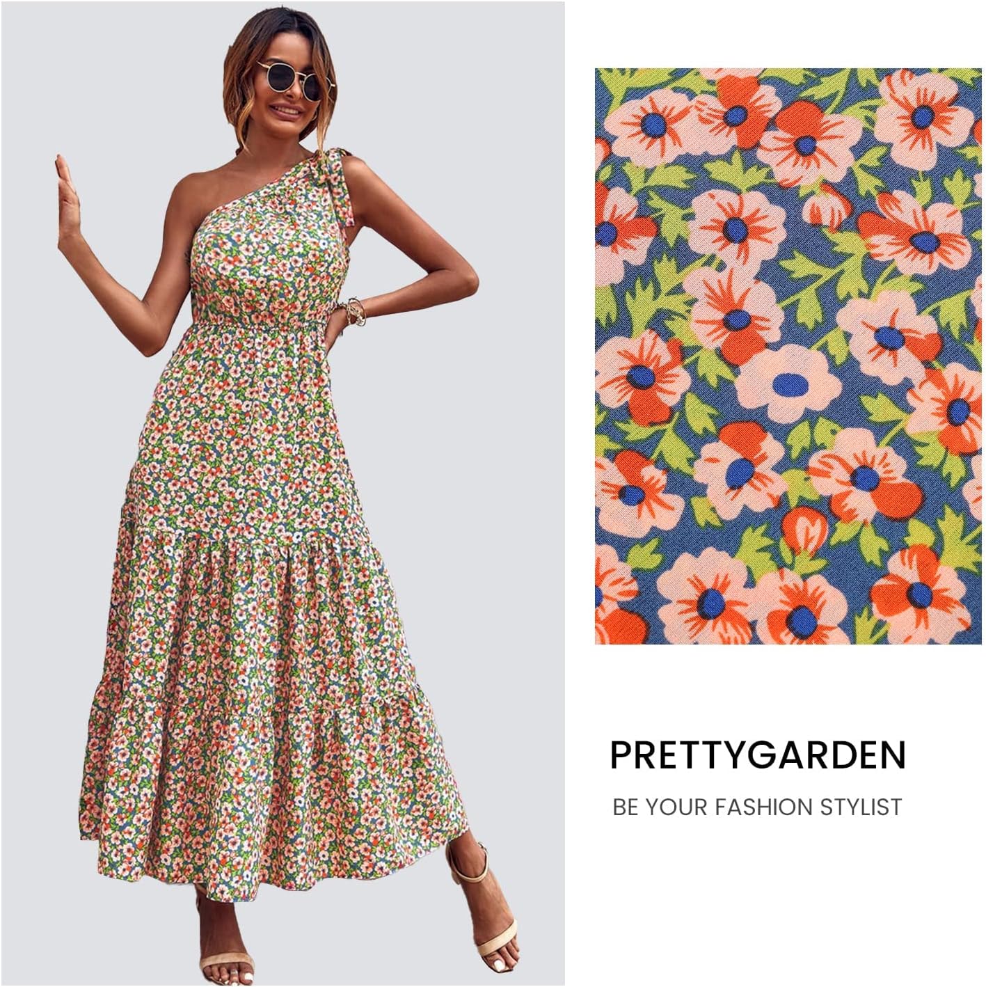PRETTYGARDEN Women's Summer Floral Maxi Dress Knot One Shoulder Sleeveless Ruffle Flowy Boho Beach Wedding Guest Dresses