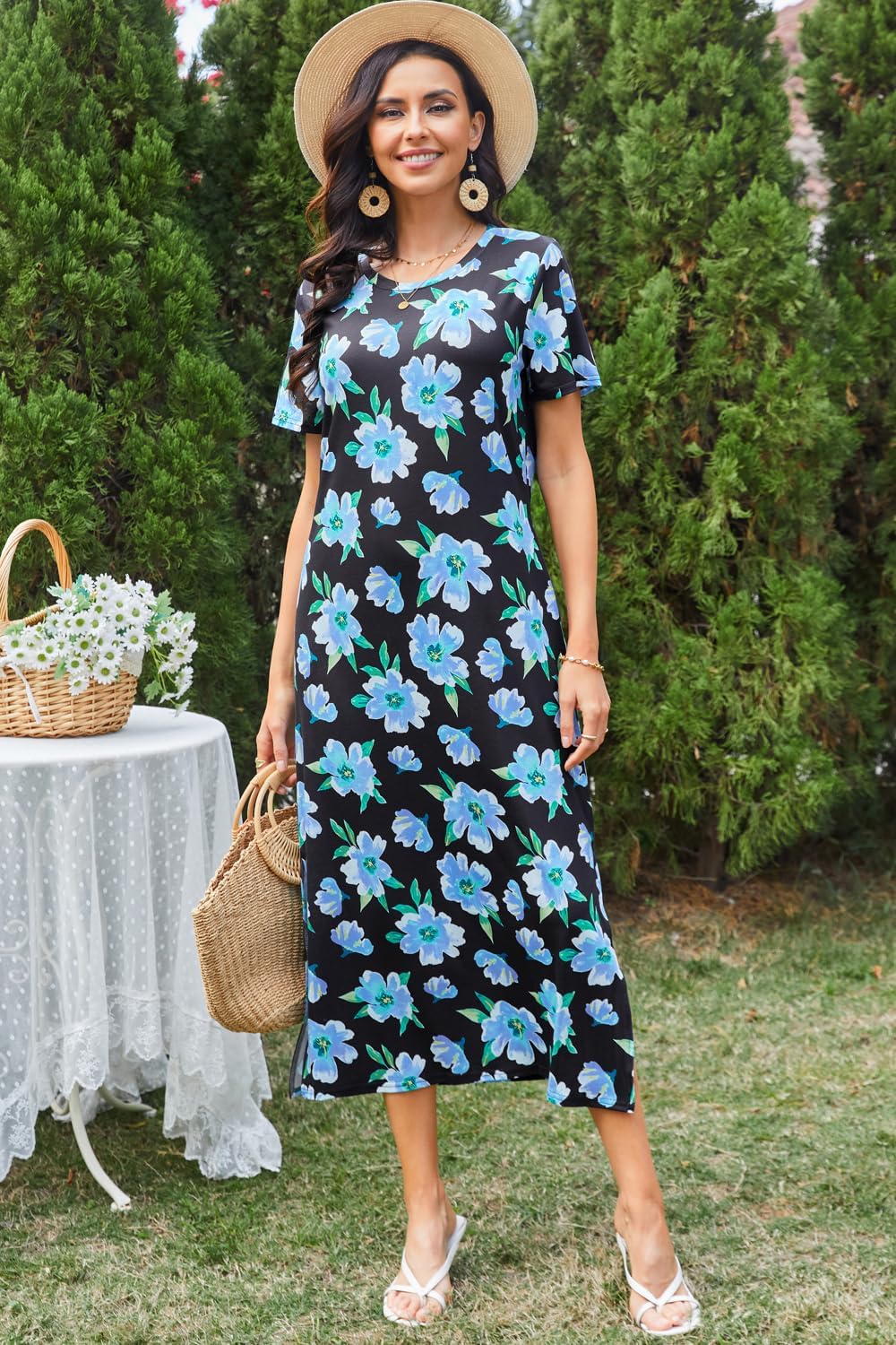 Naggoo Women's Short Sleeve Split Maxi Dress Casual Plain Tie Dye Print Tshirt Long Dresses with Pockets