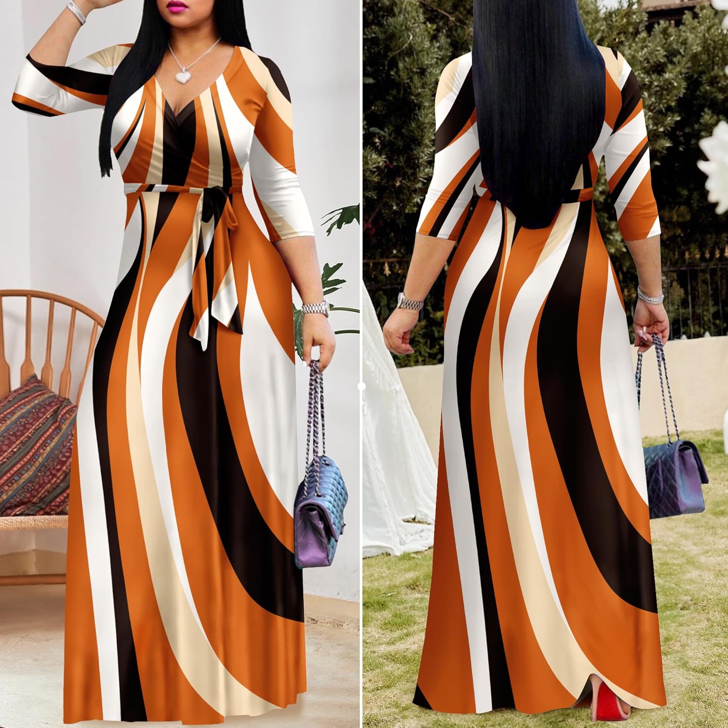 FANDEE Plus Size Maxi Dress for Women Casual Summer Sundress V-Neck 3/4 Sleeve