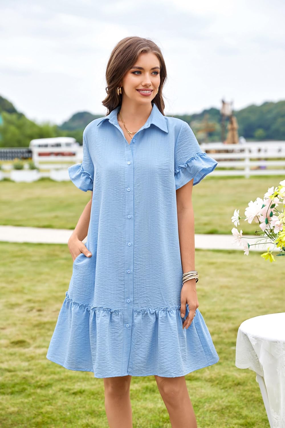 CCTOO Women's Summer Dresses Casual V Neck Button Down 3/4 Sleeve Floral Print Loose Flowy Shirt Dress