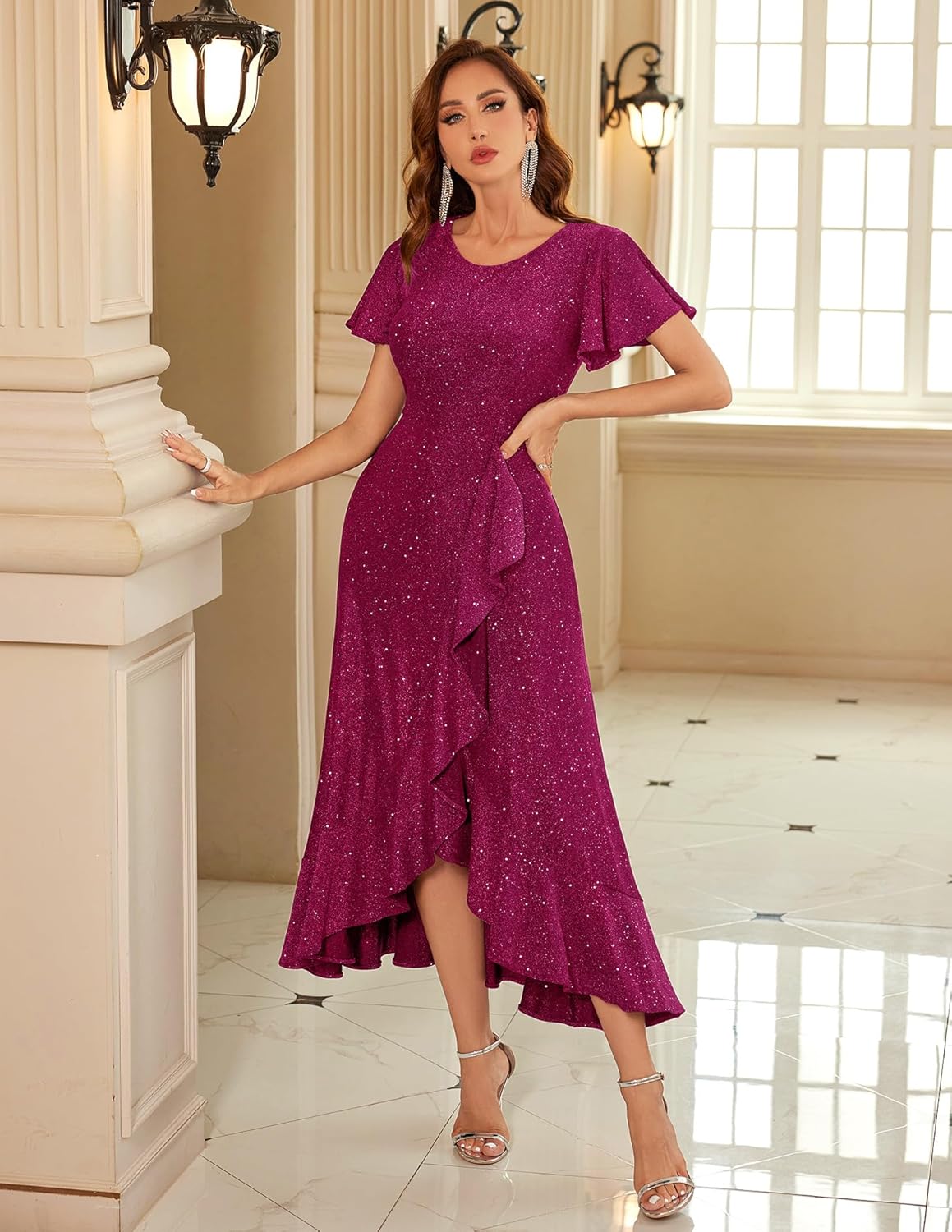 BeryLove Women Sequin Formal Party Dress Flutter Short Sleeve Wedding Cocktail Long Evening Dress