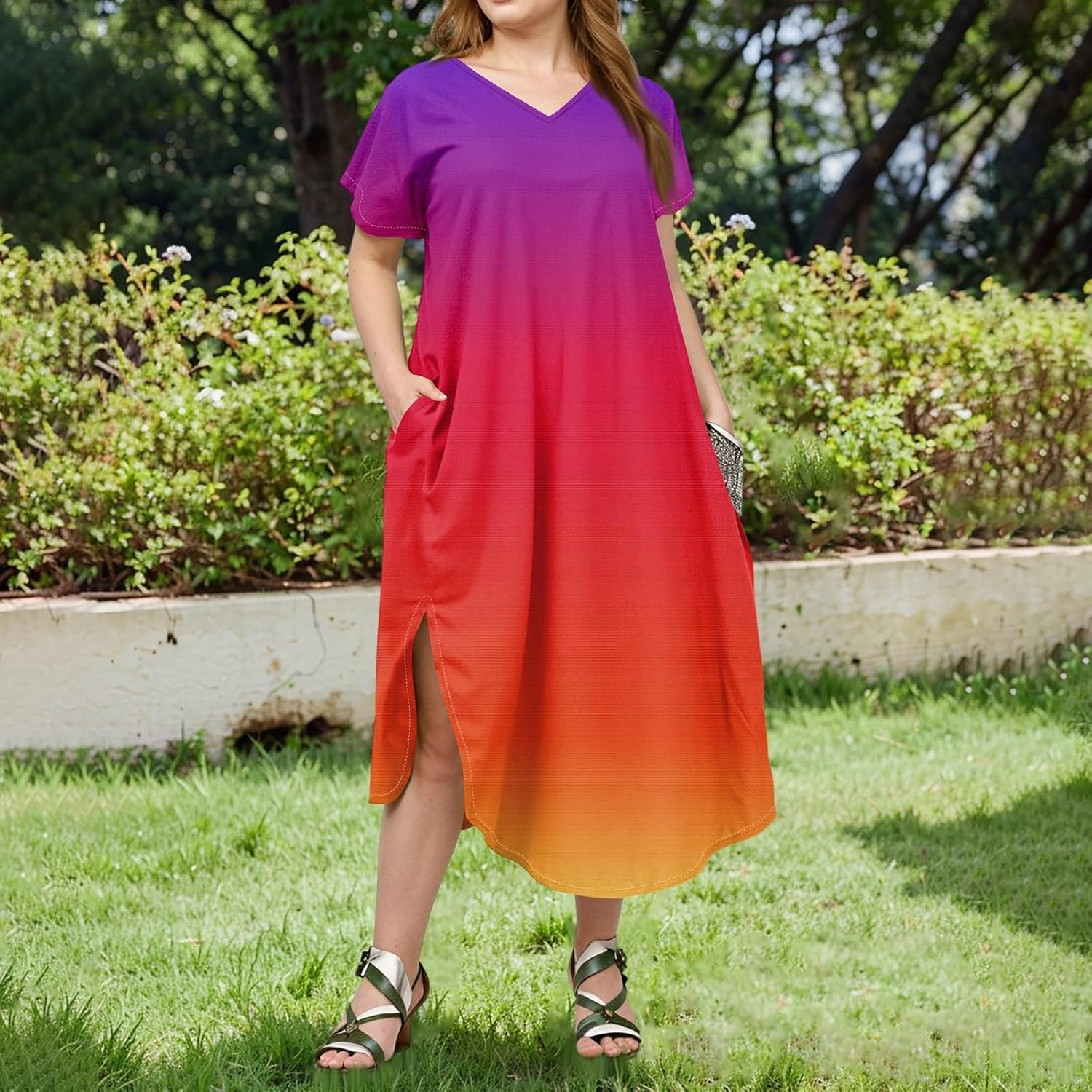 Maxi Dresses for Women 2025 Plus Size Tie Dye V Neck Dress Short Sleeve Side Split Beach Summer Sundress with Pocket