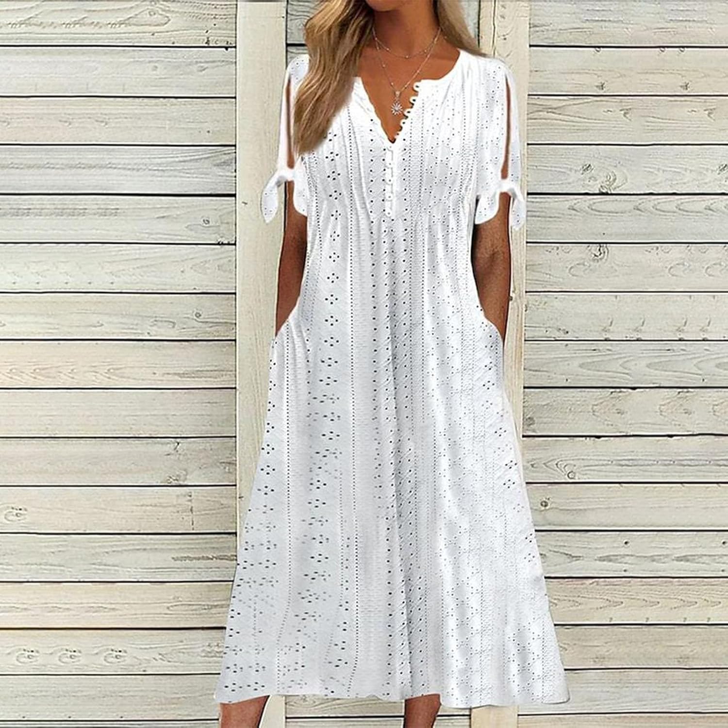 ZYXTIM Womens Eyelet Dress V Neck Short Sleeve Hollow Out Summer Beach Vacation Dresses Swing A Line Vintage Long Dresses