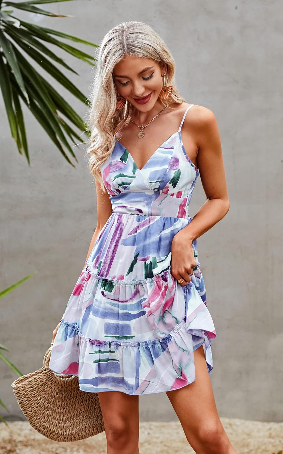 ECOWISH Summer Dresses for Women 2025 V-Neck Spaghetti Strap Bowknot Backless Sleeveless Lace Mini Swing Skater Dress