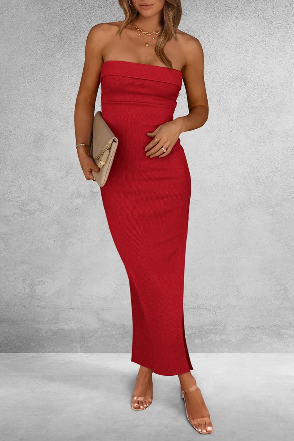 PRETTYGARDEN Women's Summer Bodycon Maxi Tube Dress Ribbed Strapless Side Slit Long Going Out Casual Elegant Party Dresses
