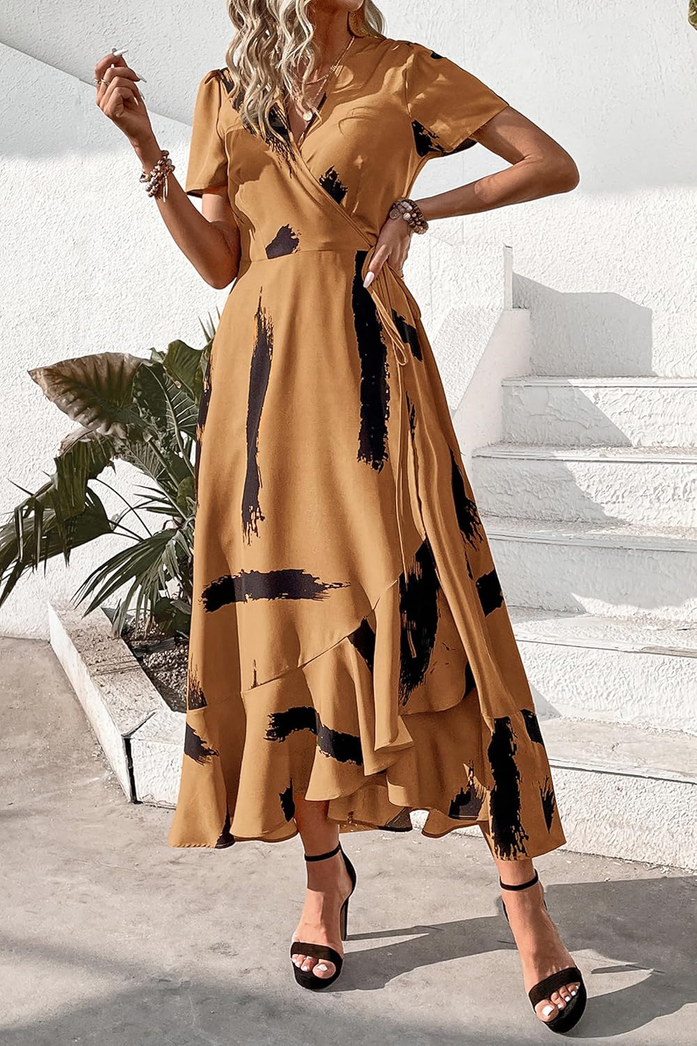 PRETTYGARDEN Women's Summer Wrap Maxi Dress Casual Short Sleeve Floral Boho V Neck Split Ruffle Beach Long Dresses