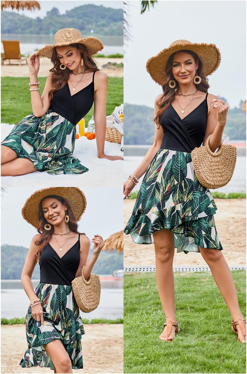 ULTRANICE Womens Summer Dresses Floral V Neck Ruffled Hem Spaghetti Spring Casual Beach Outfits Flowy Wrap Sun Dress