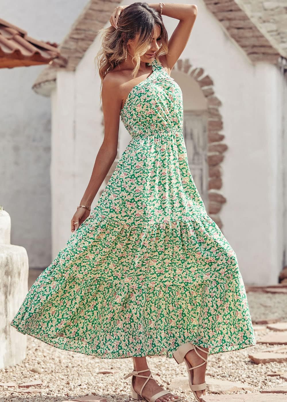PRETTYGARDEN Women's Summer Floral Maxi Dress Knot One Shoulder Sleeveless Ruffle Flowy Boho Beach Wedding Guest Dresses