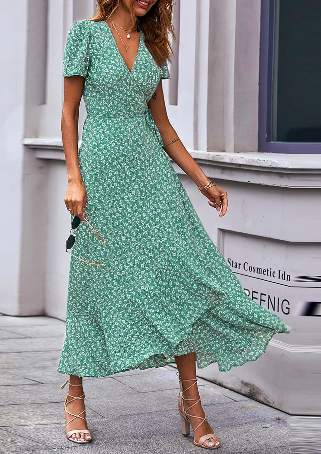 PRETTYGARDEN Women's Summer Wrap Maxi Dress Casual Short Sleeve Floral Boho V Neck Split Ruffle Beach Long Dresses