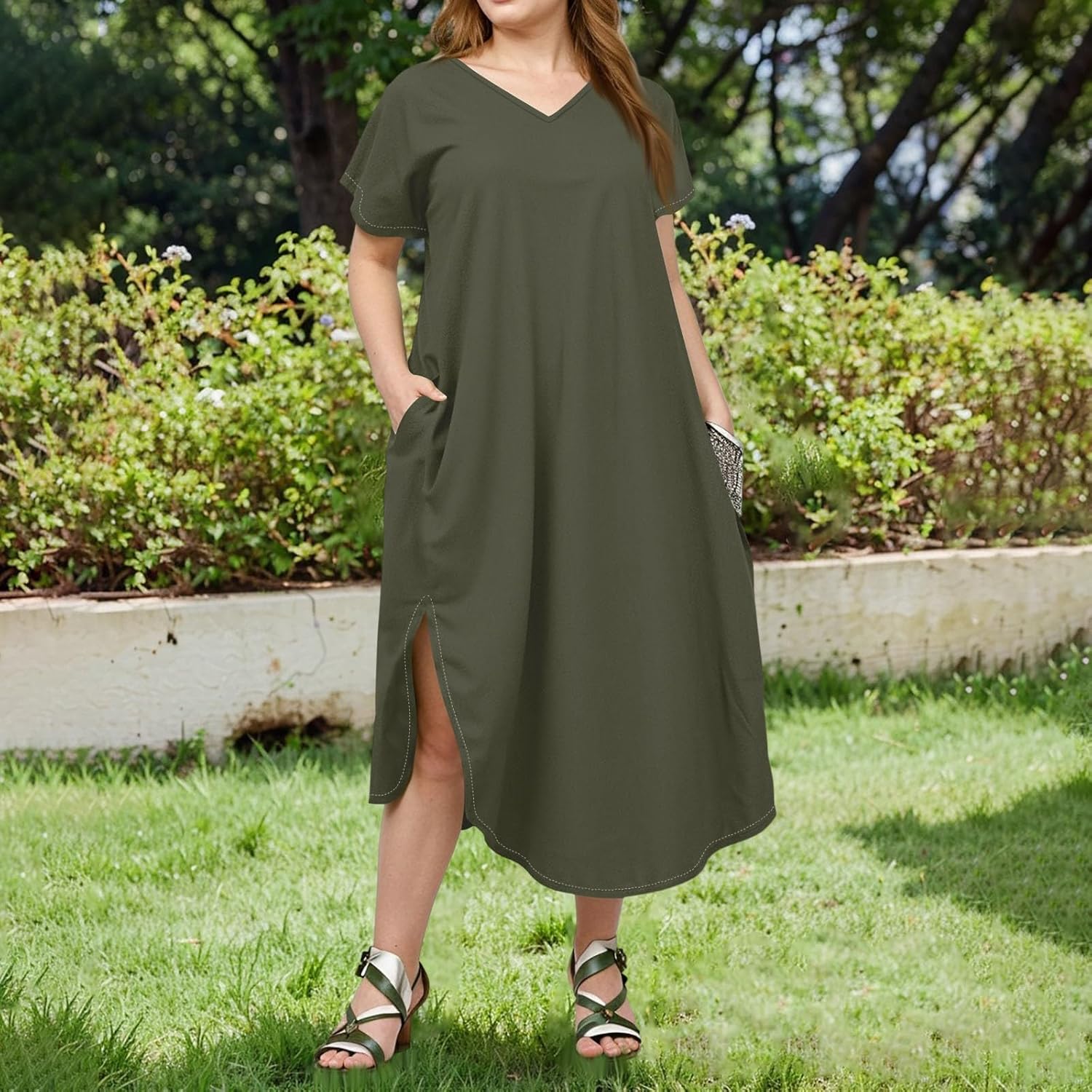 Maxi Dresses for Women 2025 Plus Size Tie Dye V Neck Dress Short Sleeve Side Split Beach Summer Sundress with Pocket