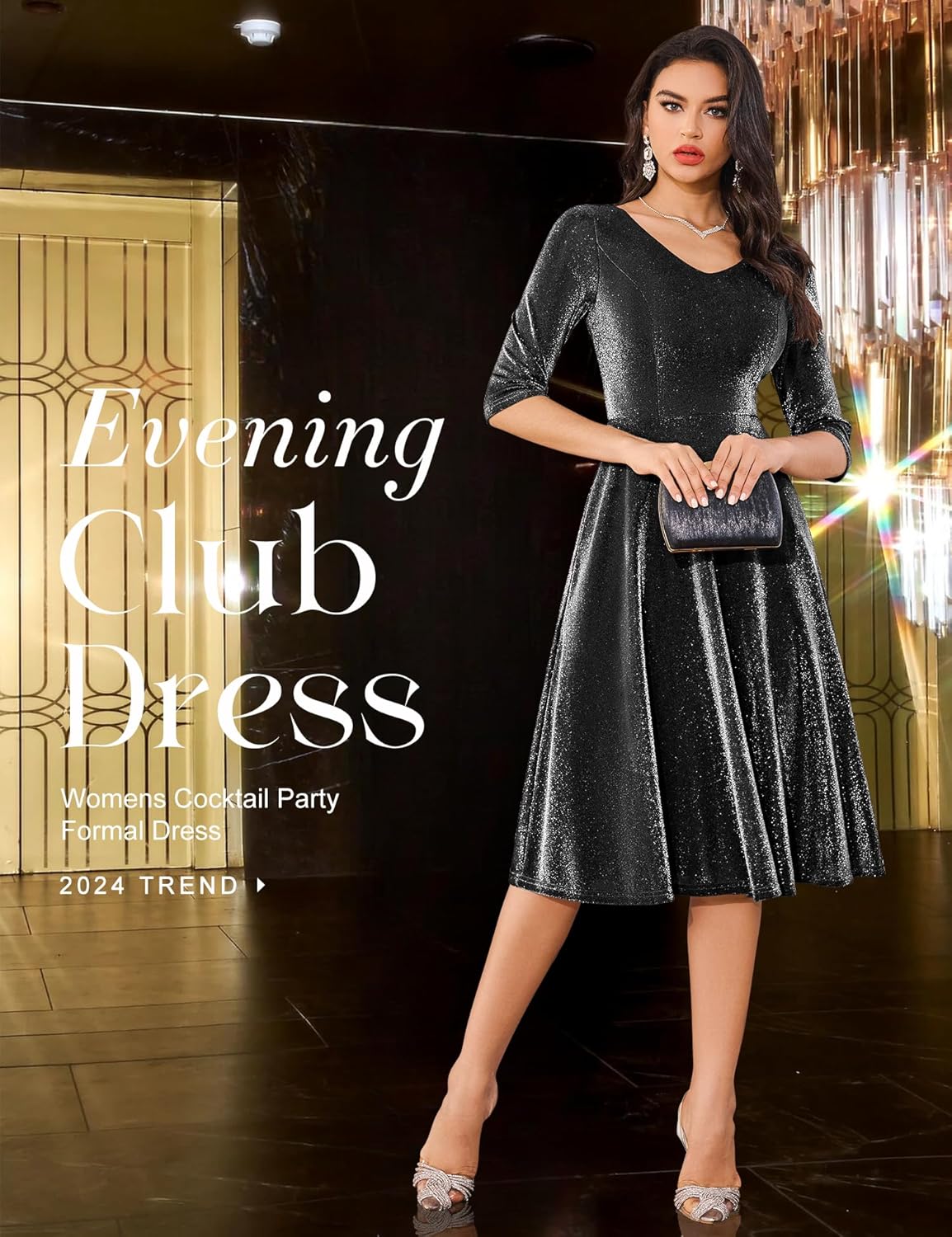 Dressystar Womens Long-Sleeve Wedding Guest Dress A-Line Lace Formal Party Cocktail Midi Dress Prom Gown
