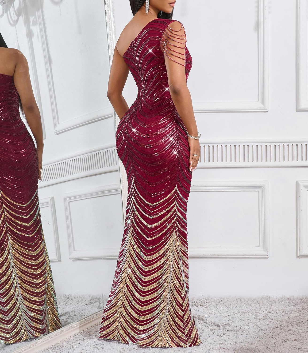 Cololura Women Sequin Elegant Sexy One Shoulder Tassel Mermaid Bodycon Cocktail Evening Dress