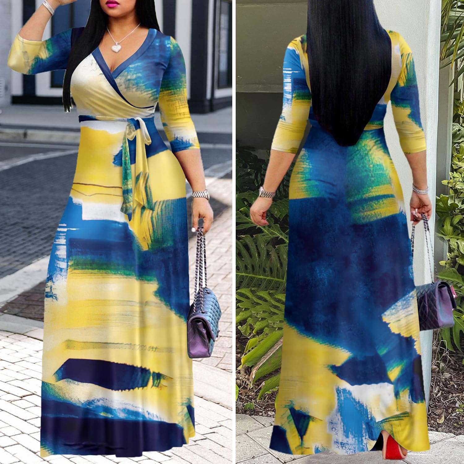 FANDEE Plus Size Maxi Dress for Women Casual Summer Sundress V-Neck 3/4 Sleeve