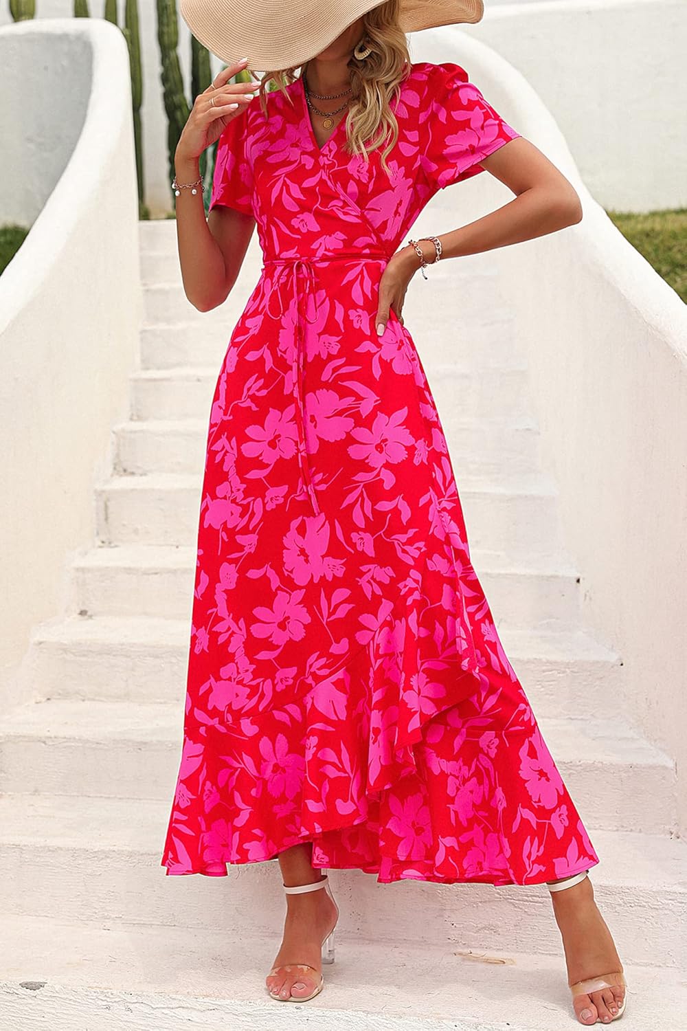 PRETTYGARDEN Women's Summer Wrap Maxi Dress Casual Short Sleeve Floral Boho V Neck Split Ruffle Beach Long Dresses