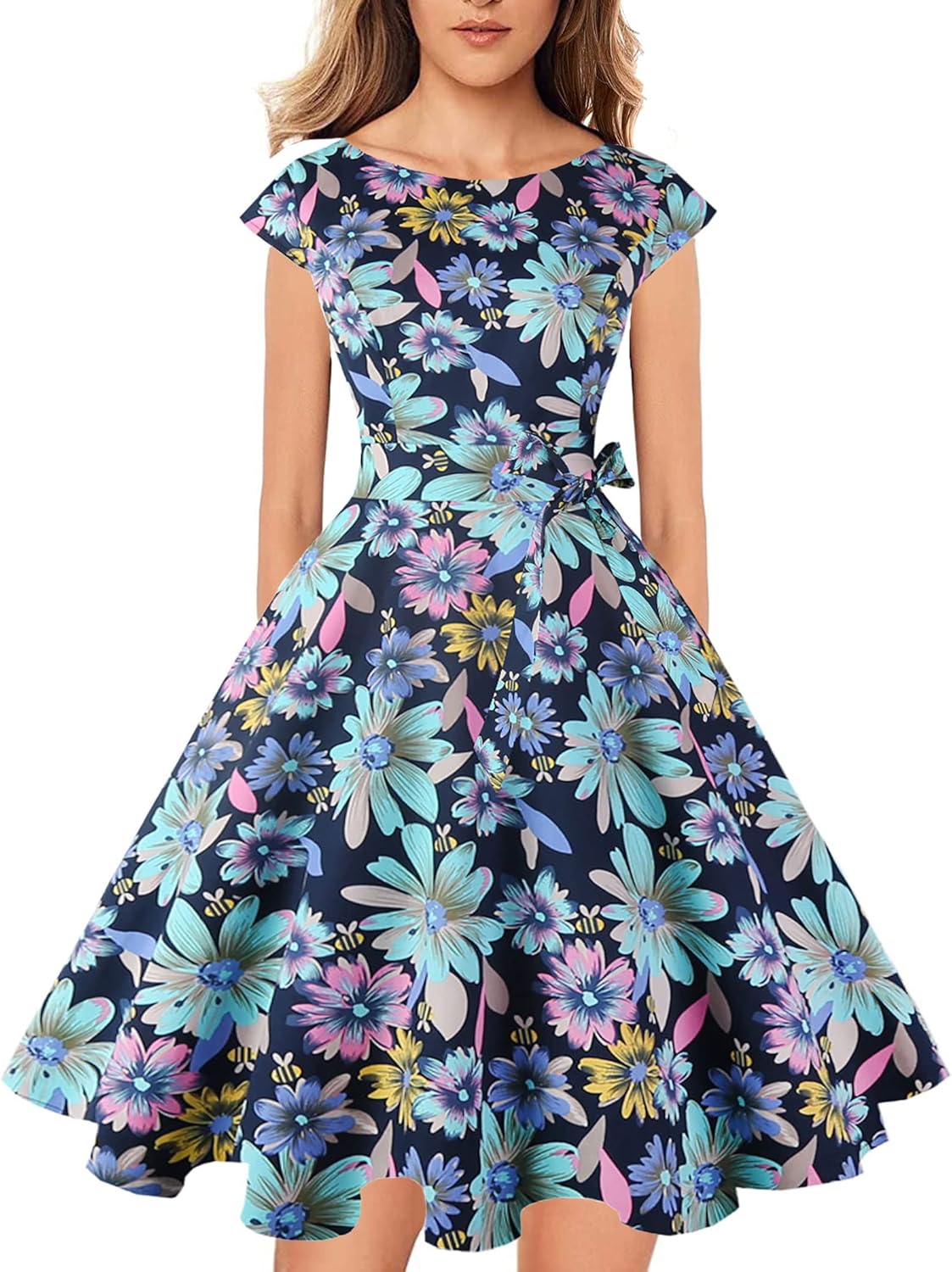PUKAVT Women's 1950 Boatneck Cap Sleeve Vintage Swing Cocktail Party Dress with Pockets