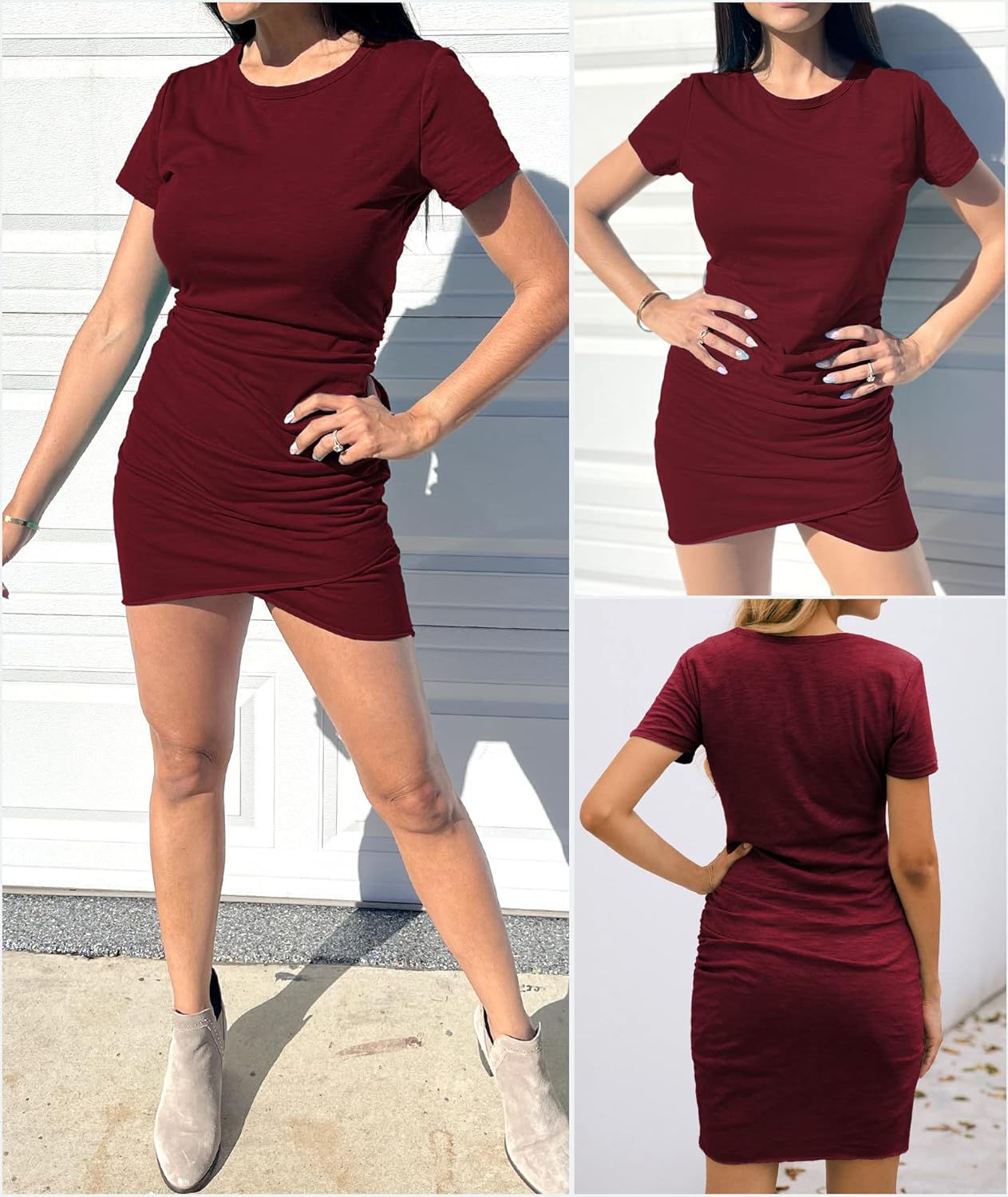 BTFBM Women's 2025 Summer Casual Beach Dresses Crew Neck Short Sleeve Wrap Party Club Mini Ruched Bodycon T Shirt Dress