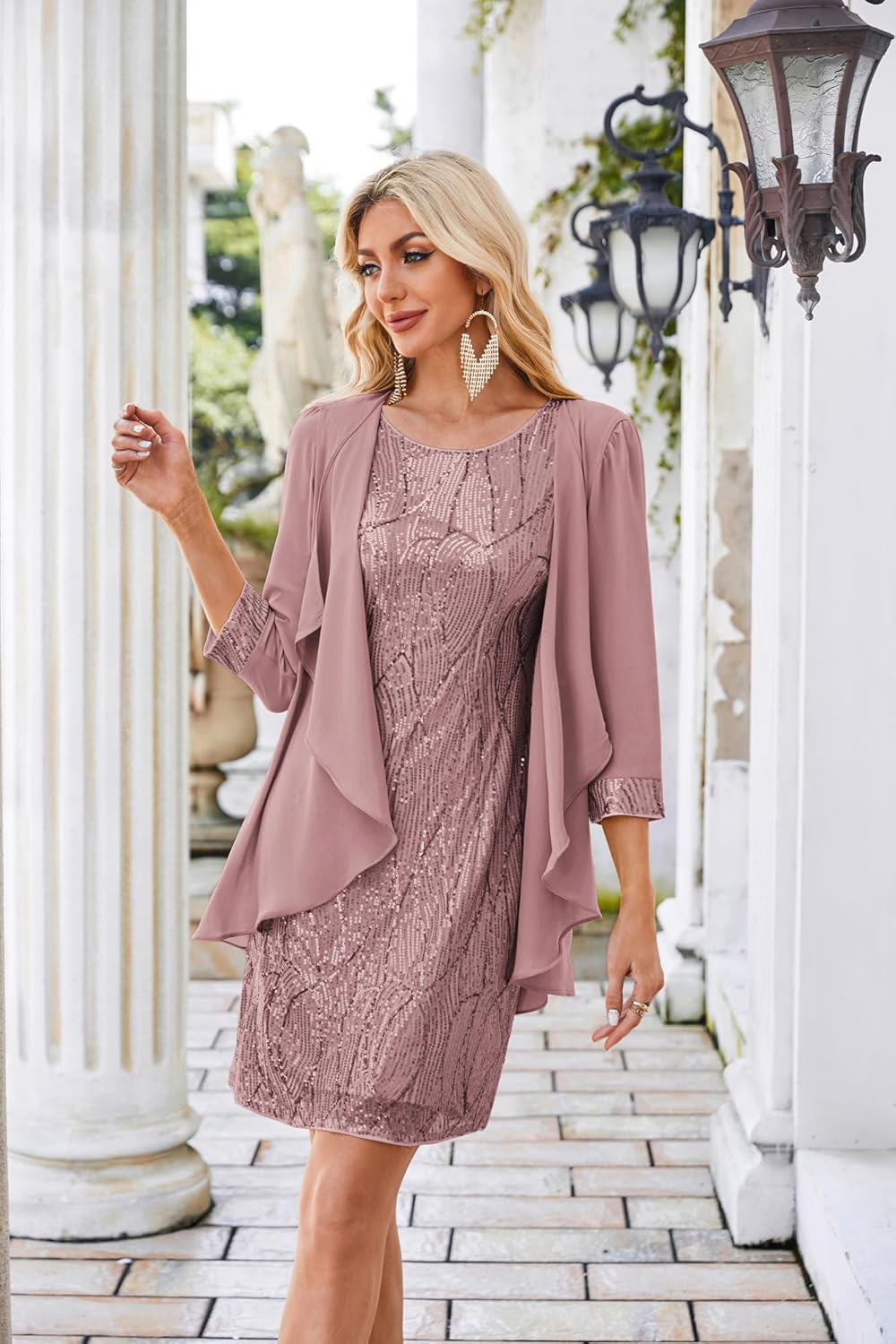 GRACE KARIN Sequin Dress for Women Knee Length Mother of the Bride Dresses Formal Dress Two Piece Dress with Chiffon Jacket