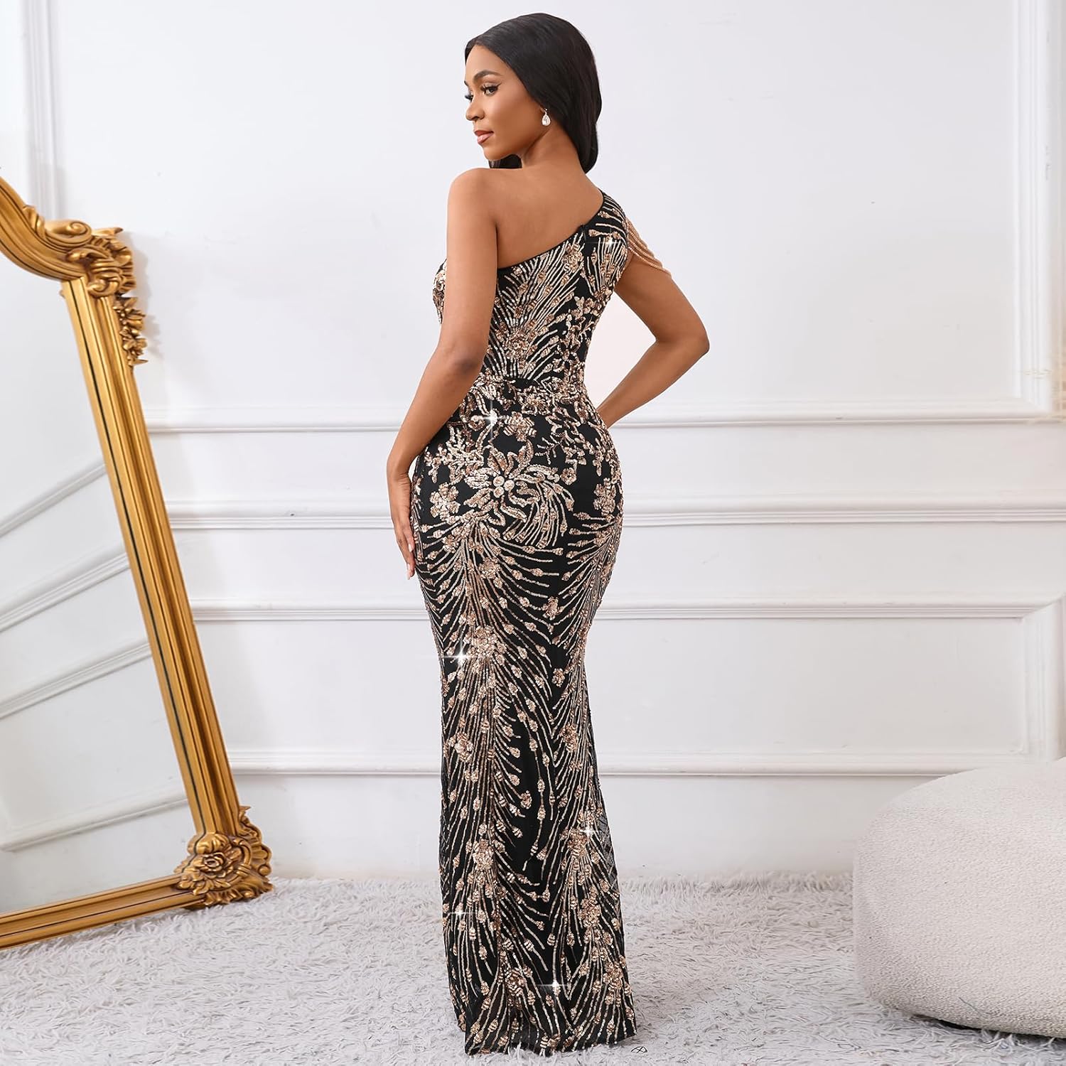 Cololura Women Sequin Elegant Sexy One Shoulder Tassel Mermaid Bodycon Cocktail Evening Dress
