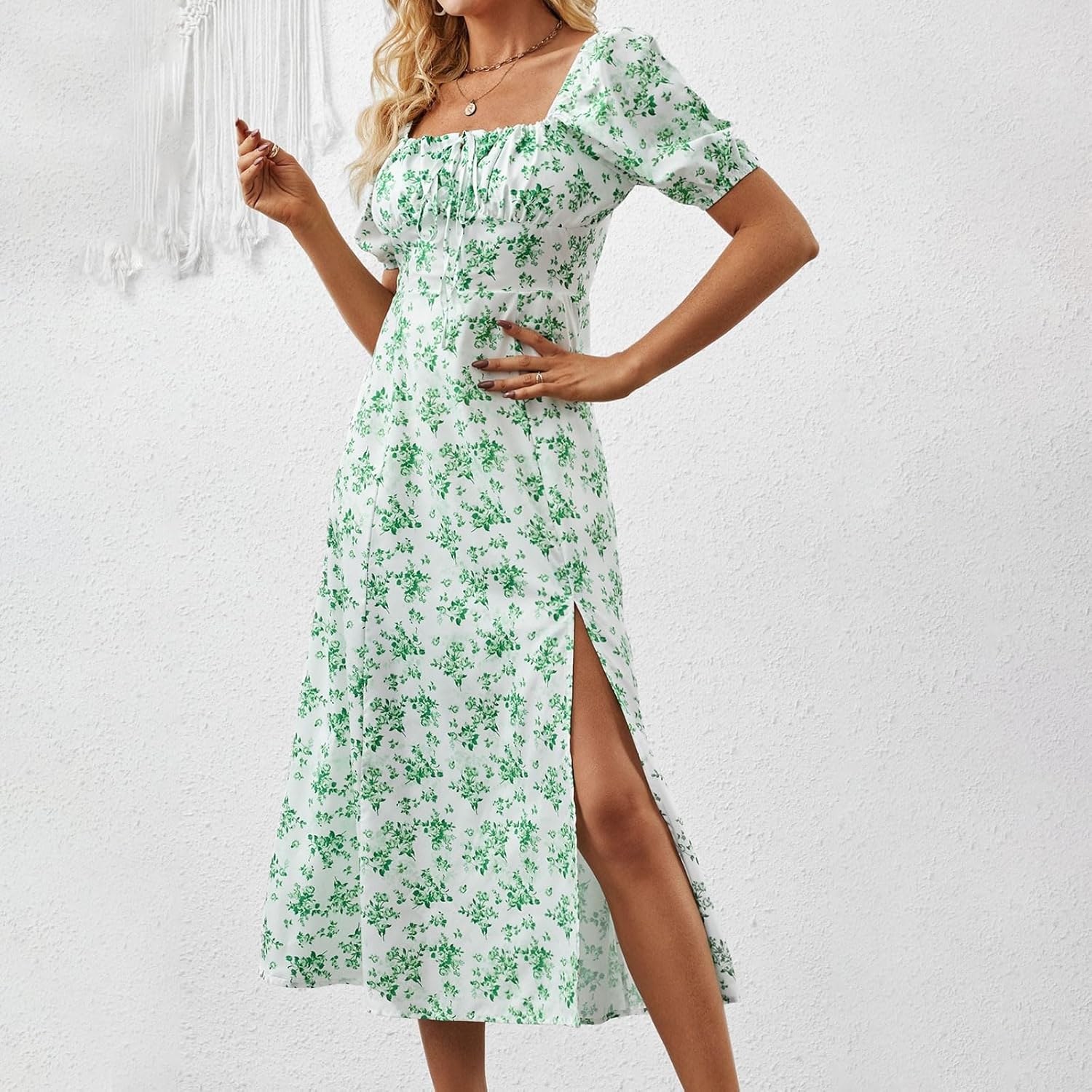 Women's Sundresses 2025 Summer Casual Loose Trendy Bubble Sleeve Square Neck Split Bow Floral Print Dress Plus Size, XS-3XL