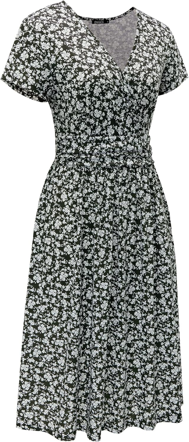 OUGES Women's Summer Short Sleeve V-Neck Floral Short Party Dress with Pockets
