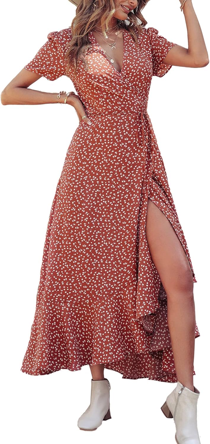 PRETTYGARDEN Women's Summer Wrap Maxi Dress Casual Short Sleeve Floral Boho V Neck Split Ruffle Beach Long Dresses