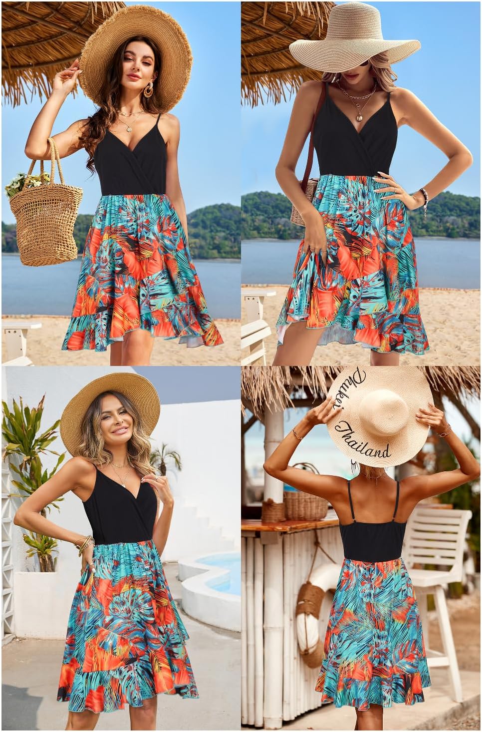 ULTRANICE Womens Summer Dresses Floral V Neck Ruffled Hem Spaghetti Spring Casual Beach Outfits Flowy Wrap Sun Dress