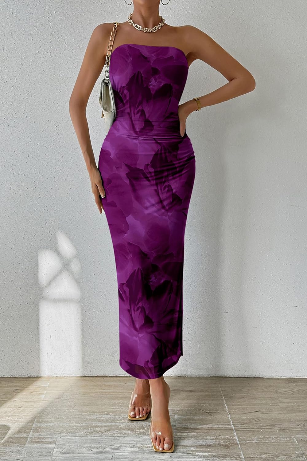 PRETTYGARDEN Women's Summer Maxi Bodycon Dresses Strapless Tube Top Printed Long Party Club Slit Dress
