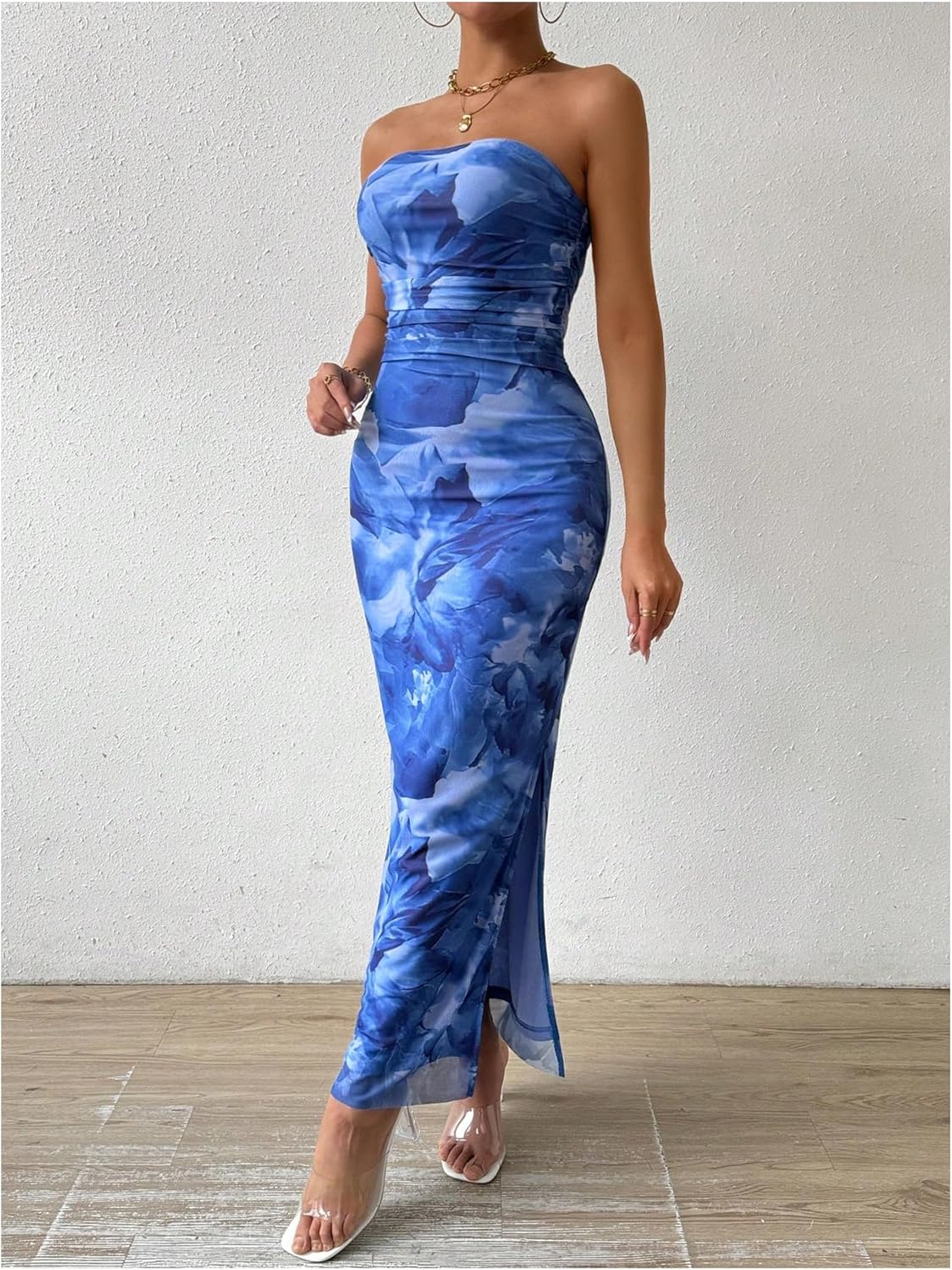 Milumia Women's Printed Strapless Tube Top Long Dress Slit Hem Sleeveless Bodycon Maxi Dresses