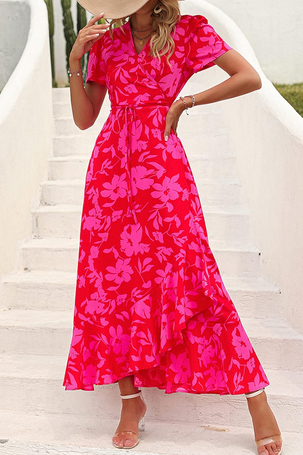 PRETTYGARDEN Women's Summer Wrap Maxi Dress Casual Short Sleeve Floral Boho V Neck Split Ruffle Beach Long Dresses