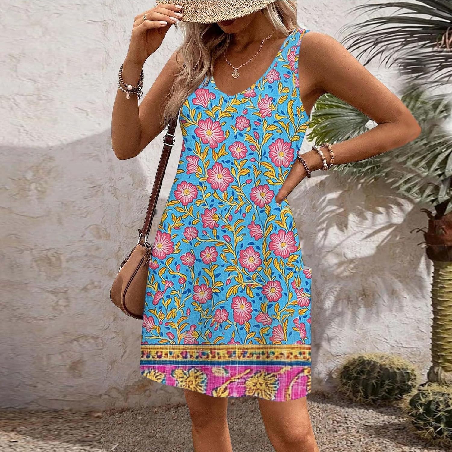 Womens 2025 Spring Summer Dresses Casual Floral Print V-Neck Tank Dress Curve Hem Pleated A-Line Sundresses