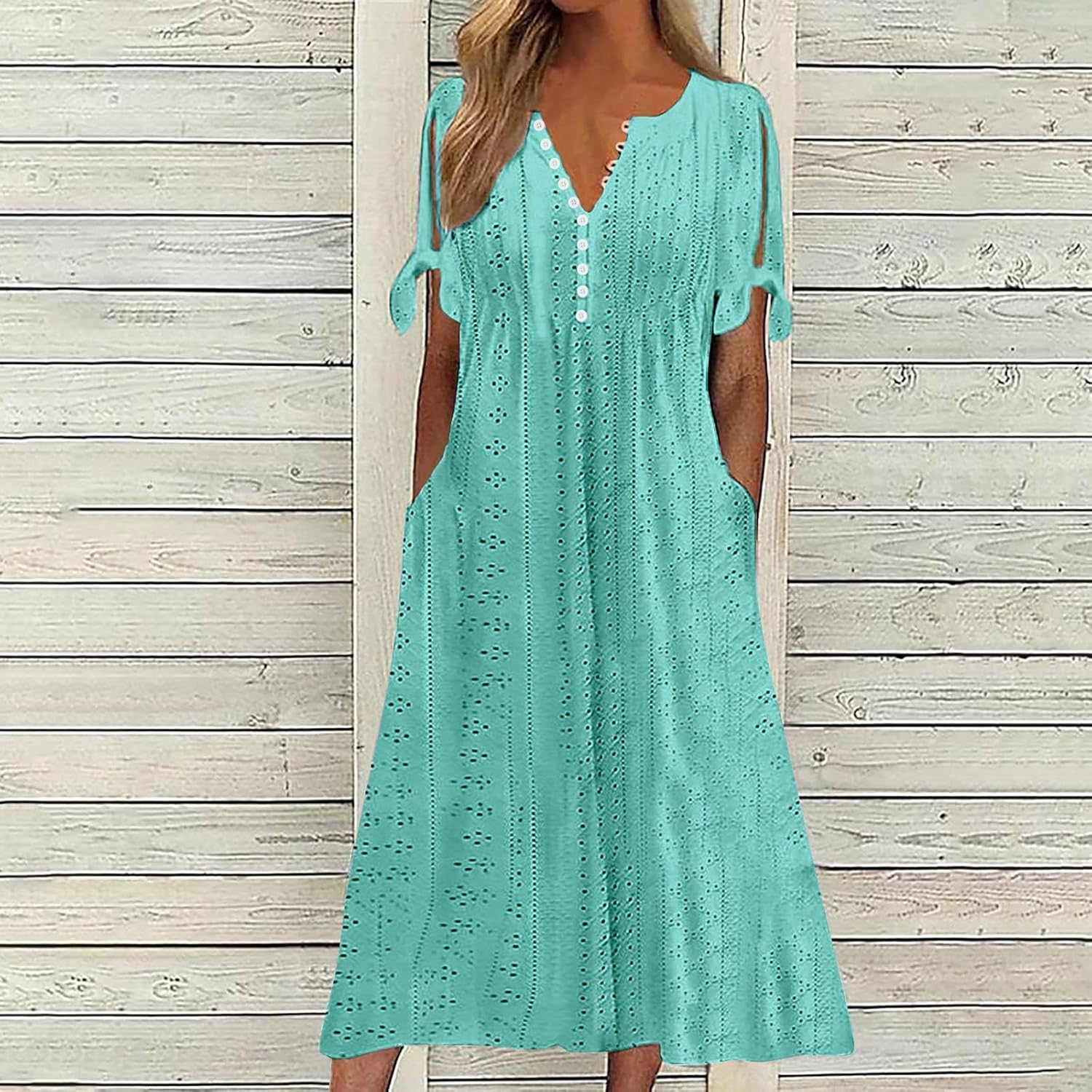 ZYXTIM Womens Eyelet Dress V Neck Short Sleeve Hollow Out Summer Beach Vacation Dresses Swing A Line Vintage Long Dresses