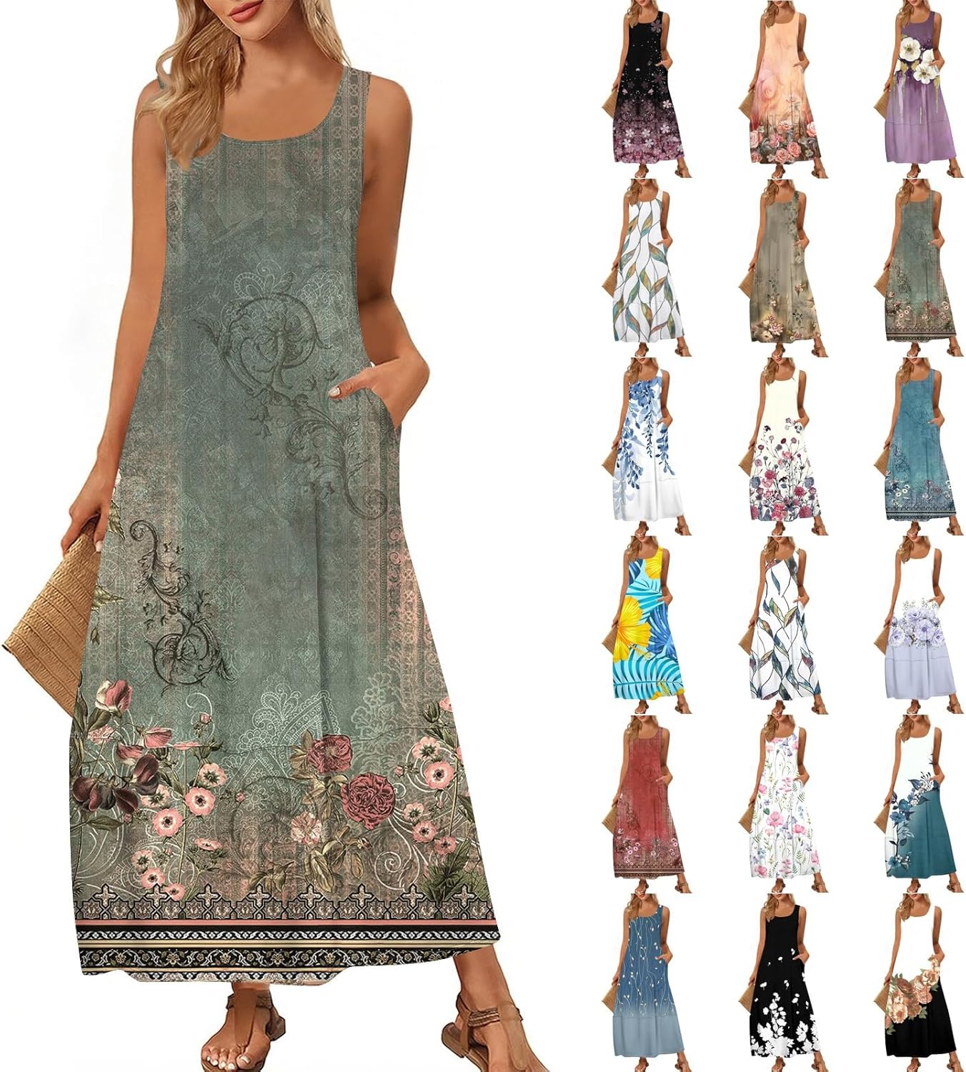 Womens Summer Tank Dress Vacation Boho Floral Long Dresses with Pockets Resort Wear Swing Beach Sleeveless Sundress