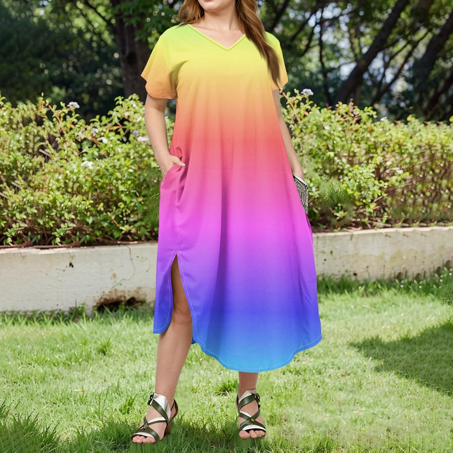 Maxi Dresses for Women 2025 Plus Size Tie Dye V Neck Dress Short Sleeve Side Split Beach Summer Sundress with Pocket