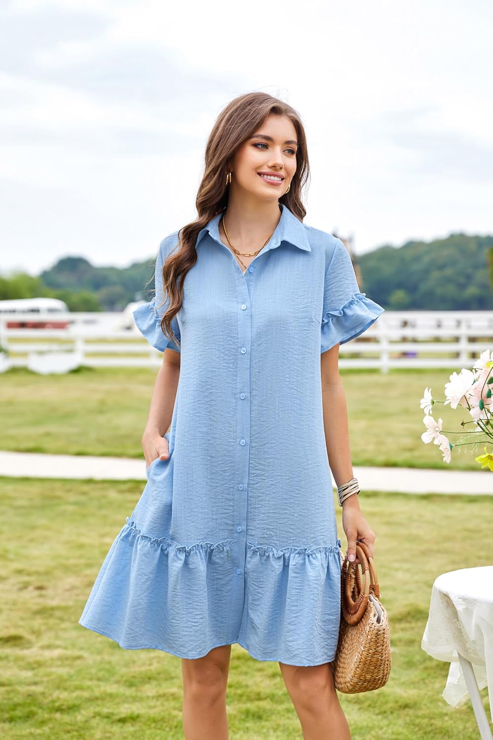 CCTOO Women's Summer Dresses Casual V Neck Button Down 3/4 Sleeve Floral Print Loose Flowy Shirt Dress