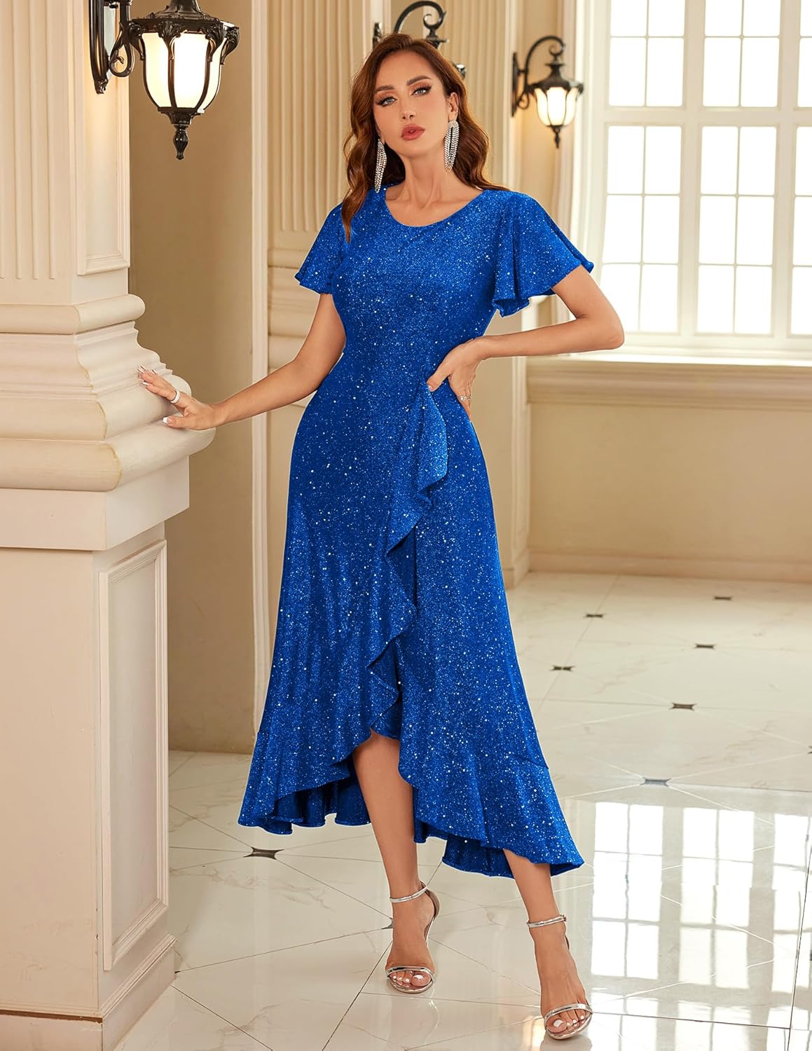 BeryLove Women Sequin Formal Party Dress Flutter Short Sleeve Wedding Cocktail Long Evening Dress